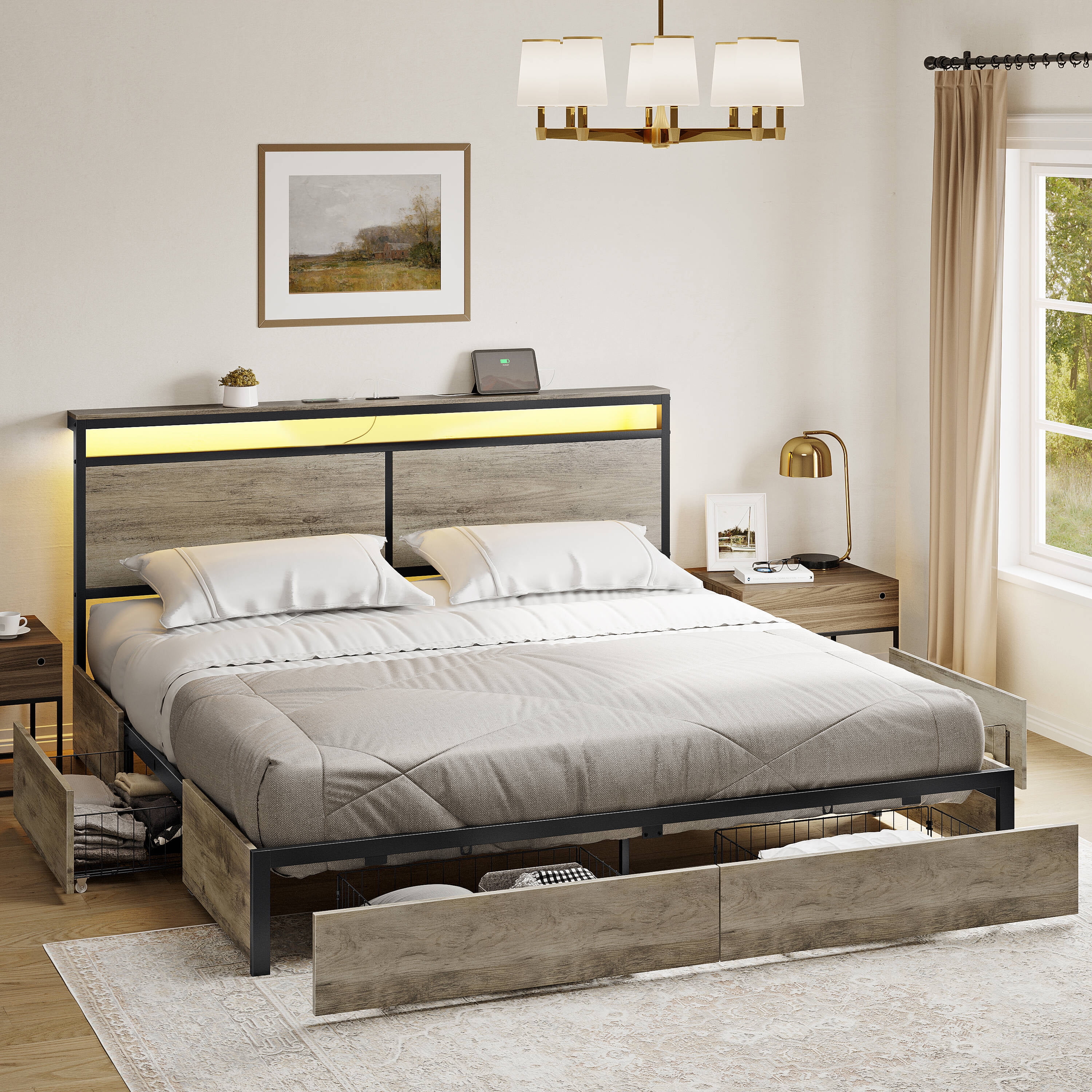 GUNAITO Queen Size Bed Frame with Headboard and 4 Storage Drawers LED Platform Bed Frame with Charging Station Gray