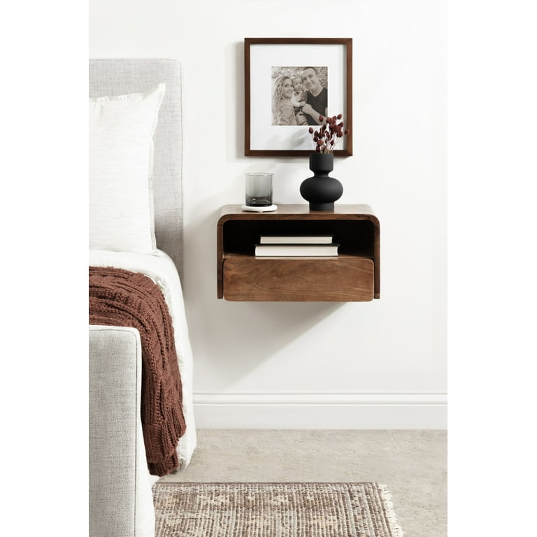 Kate and Laurel Kato Modern Wood Floating Side Table with Drawer 18 x 10 x 9 Walnut Brown Contemporary Wooden Floating Nightstand for Bedroom