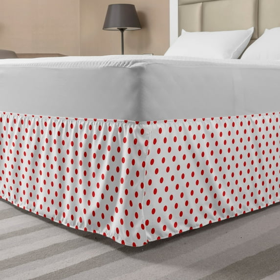 Geometric Bed Skirt, Classical Pattern with Country Picnic Theme Retro Style Polka Dot Shapes, Elastic Bedskirt Dust Ruffle Wrap Around for Bedding Decor, 4 Sizes, White and Vermilion, by Ambesonne