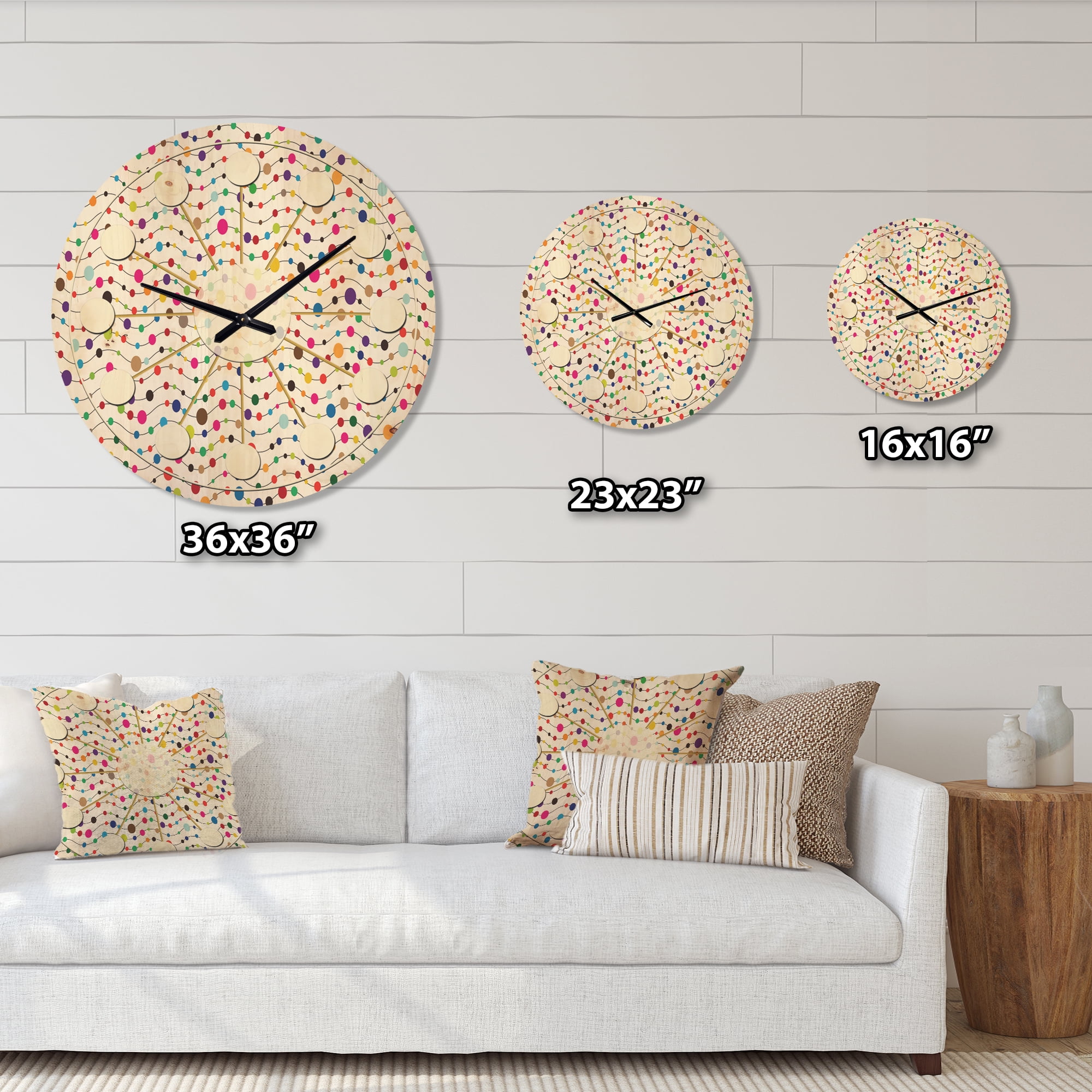 Designart 'Color Waves of Polka Dots On White' Mid-Century Modern Wood Wall Clock