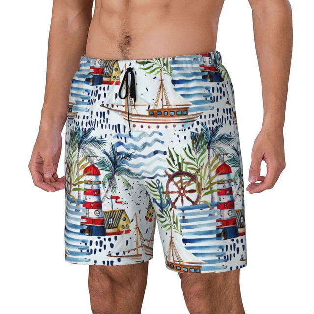 Balery Watercolor Sailboat Bañador para hombre, shorts de playa de secado rápido con entrepierna y forro de compresión-X-Large