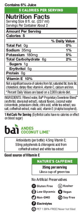 Bai Gluten-Free, Andes Coconut Lime, Antioxidant Infused Drink, 18 Fl Oz, 12 Pack Bottles