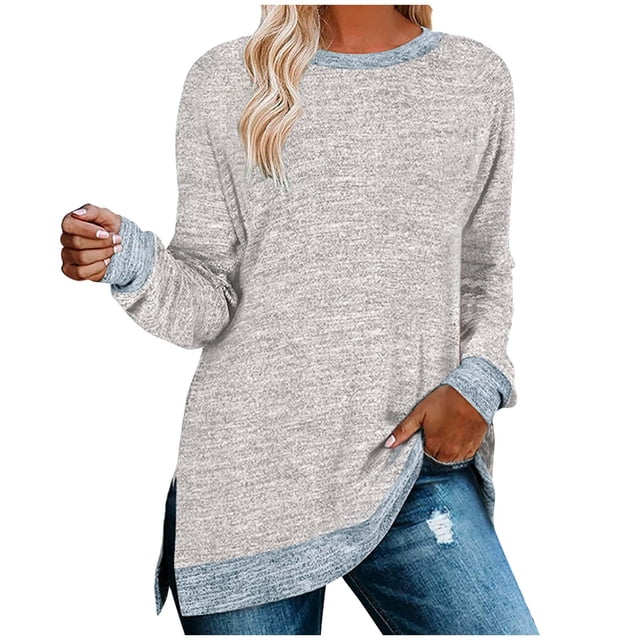 Besolor Womens Fall Tunic Tops Trendy Round Neck Long Sleeve Shirts Color Block Casual Side Split Going out Blouse