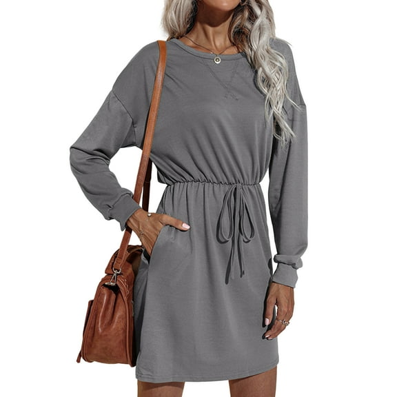 Sociala Womens Crew Neck Mini Dress Long Sleeve Belly Work Casual Dresses with Pockets