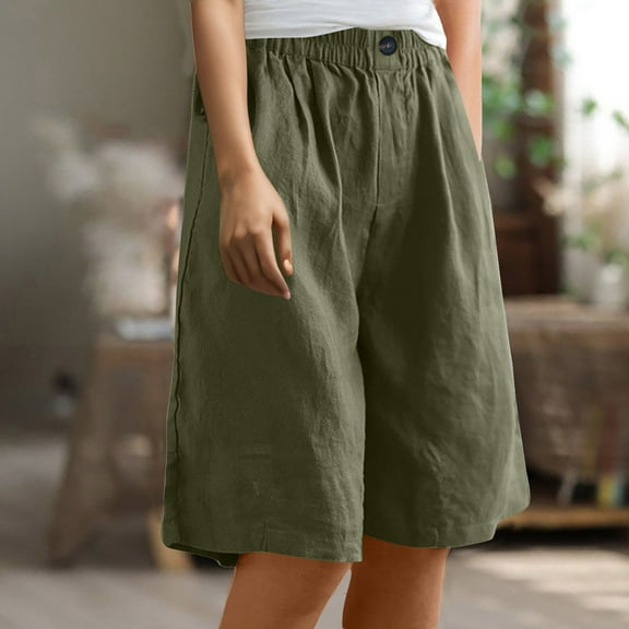 Karight Linen Shorts for Women Casual Loose High Waisted Bermuda Shorts Knee Length Lightweight Summer Short Pants with Pockets