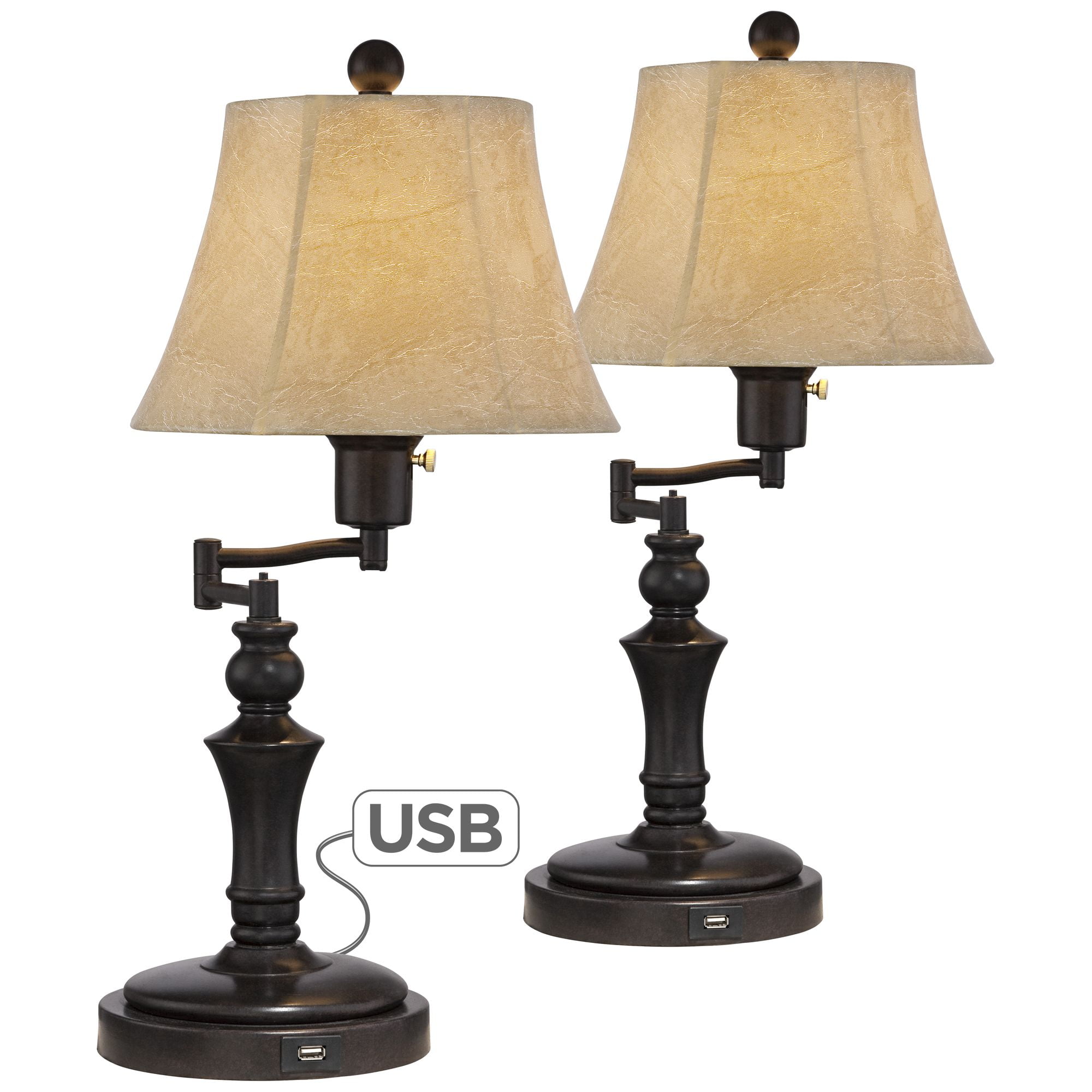 Regency Hill Traditional Swing Arm Desk Table Lamps Set Of 2 With Usb Port Bronze Metal Faux Leather Shade For Living Room Bedroom