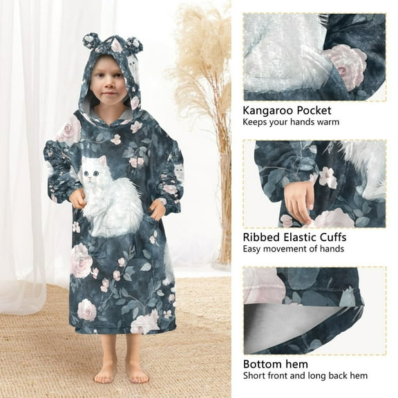 YAZAOO Kids Wearable Blanket Hoodie Warm and Cozy Enchanted White Cats and Roses Flannel Sweatshirt