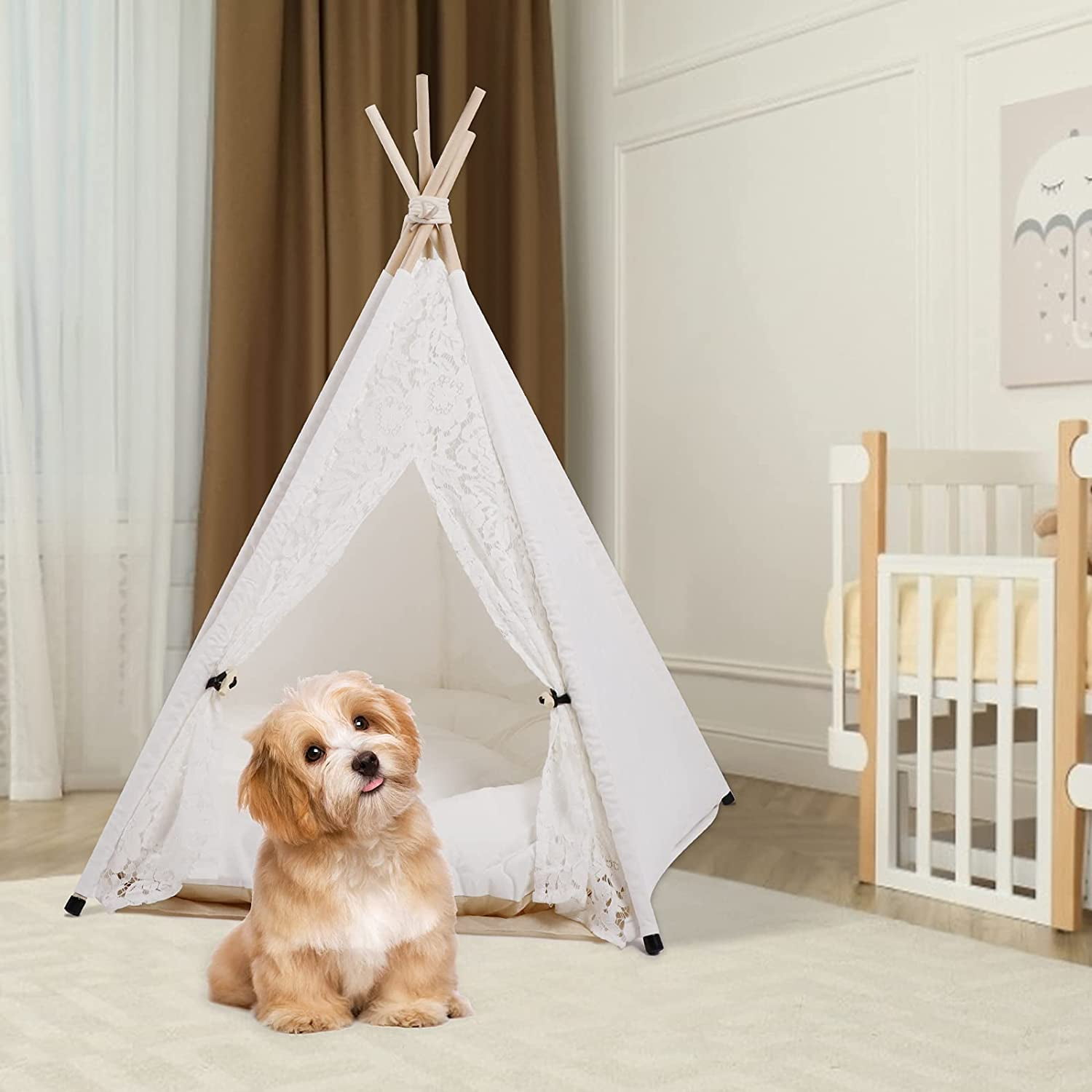 Portable Pet Teepee Tent for Medium and Large Pet,Foldable Dog and Cat House with Luxury Cushion Washable ，Indoor/Outdoor Use, Lace Style