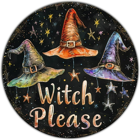 Vintage Witch Halloween Round Metal Sign Witch Please Sign Farmhouse Rustic Wreath Wall Decoration for Indoor Outdoor Home Porch Window Decor 12x12 Inch