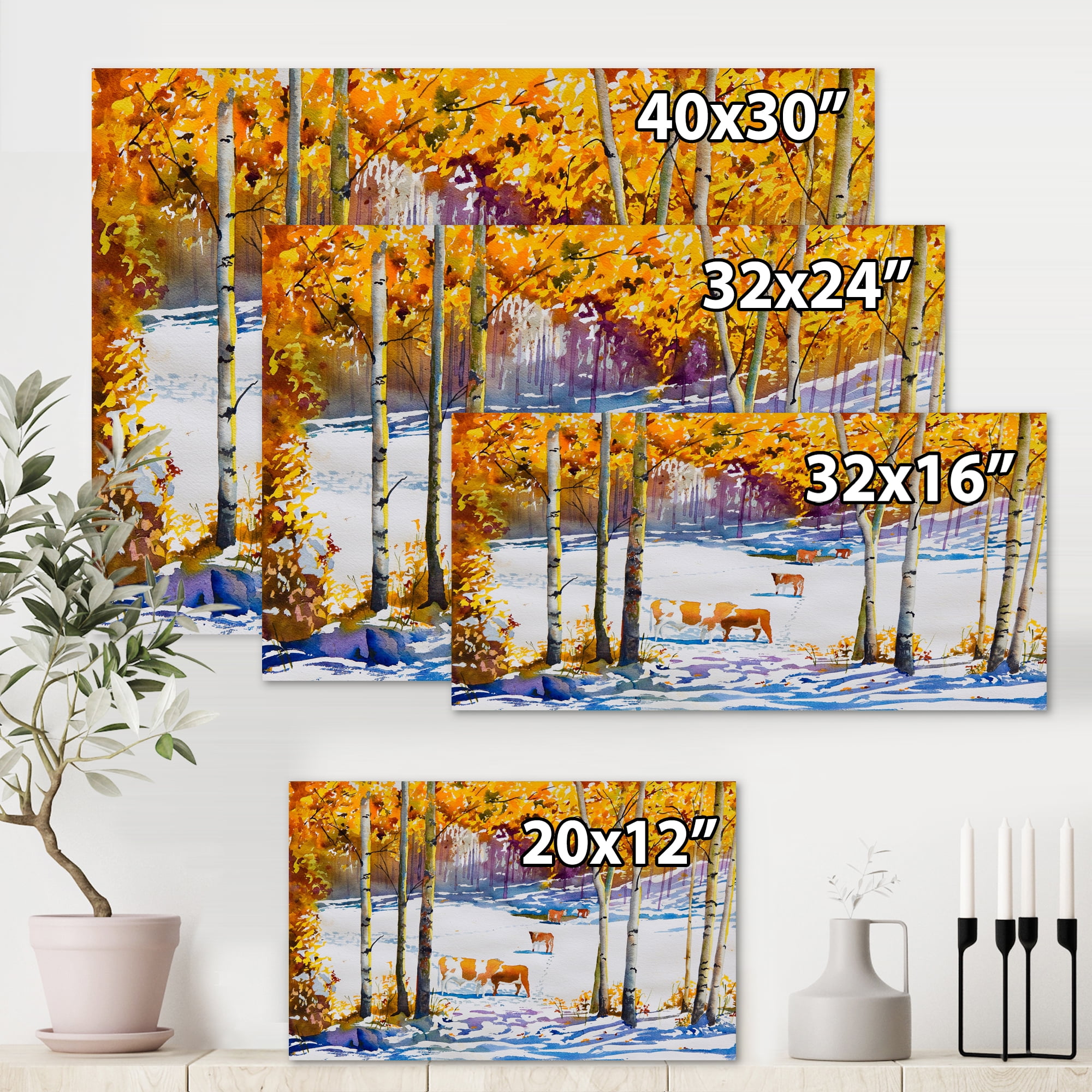Cattles In The Early Snow In The Tree Forest 32 in x 24 in Painting Canvas Art Print, by Designart