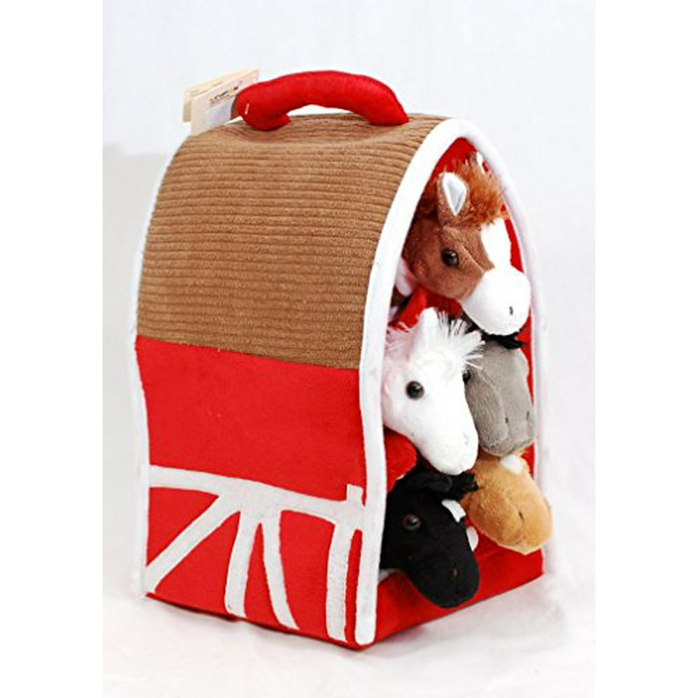 Plush Horse Barn with Horses Five (5) Stuffed Animal Horses in Play