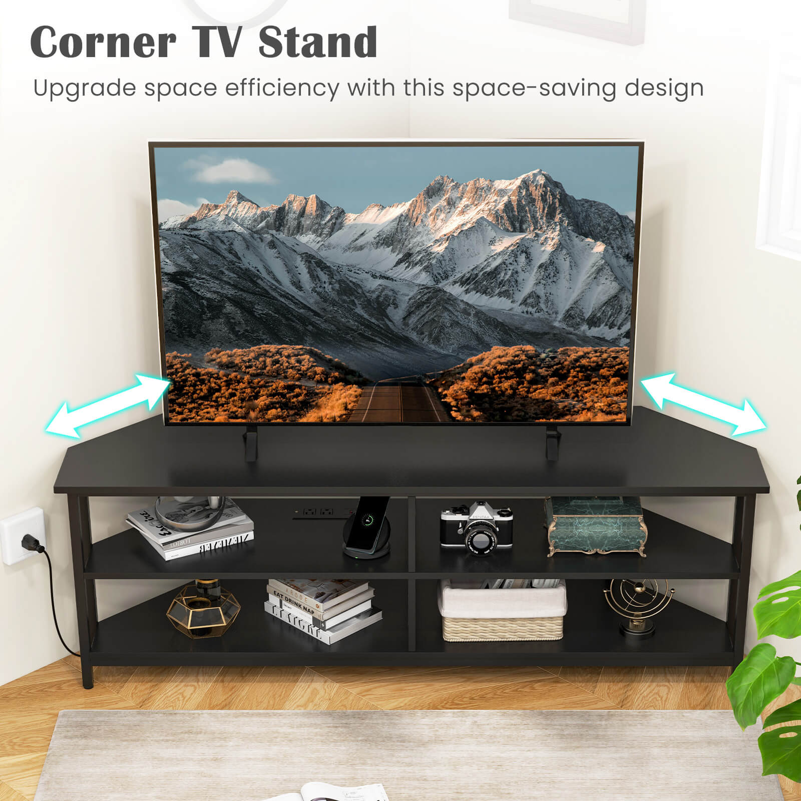 Costway Corner TV Stand for TVs up to 65" TV Console Table with AC Outlets&USB A Ports Black