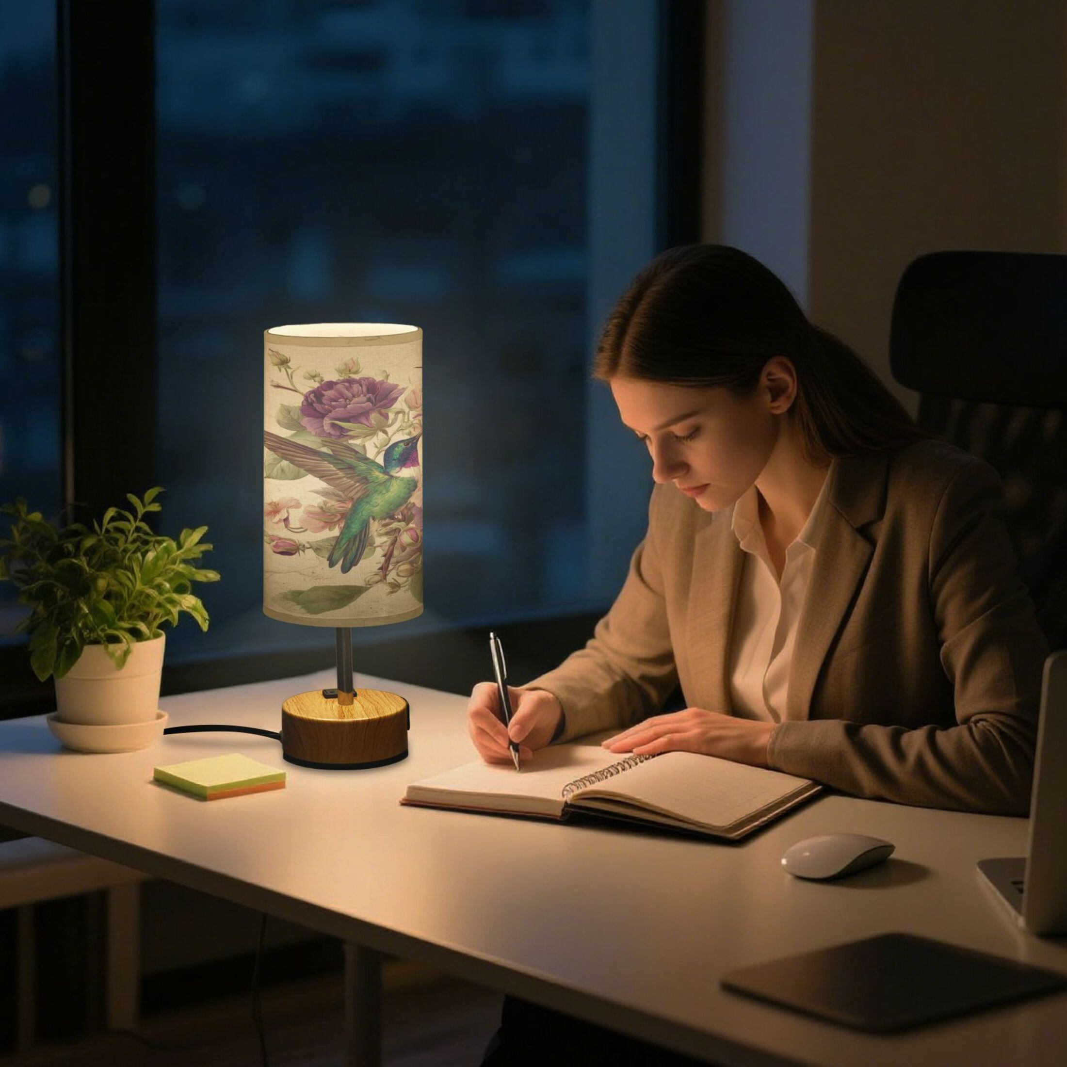 Touch-Control 3-Color Desk Lamp with Plug – Energy-Saving LED + 3 Simultaneous Charging Ports Two Vintage Hummingbirds