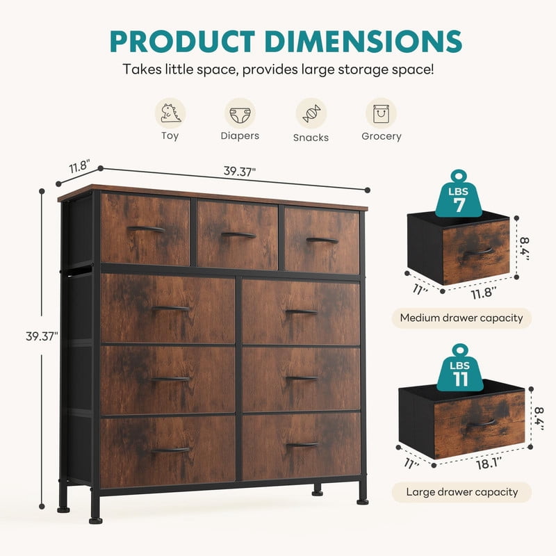 Kelno 9 Drawer Fabric Dresser Storage Tower Chest Organizer with Wood Top Steel Frame, Rustic Brown