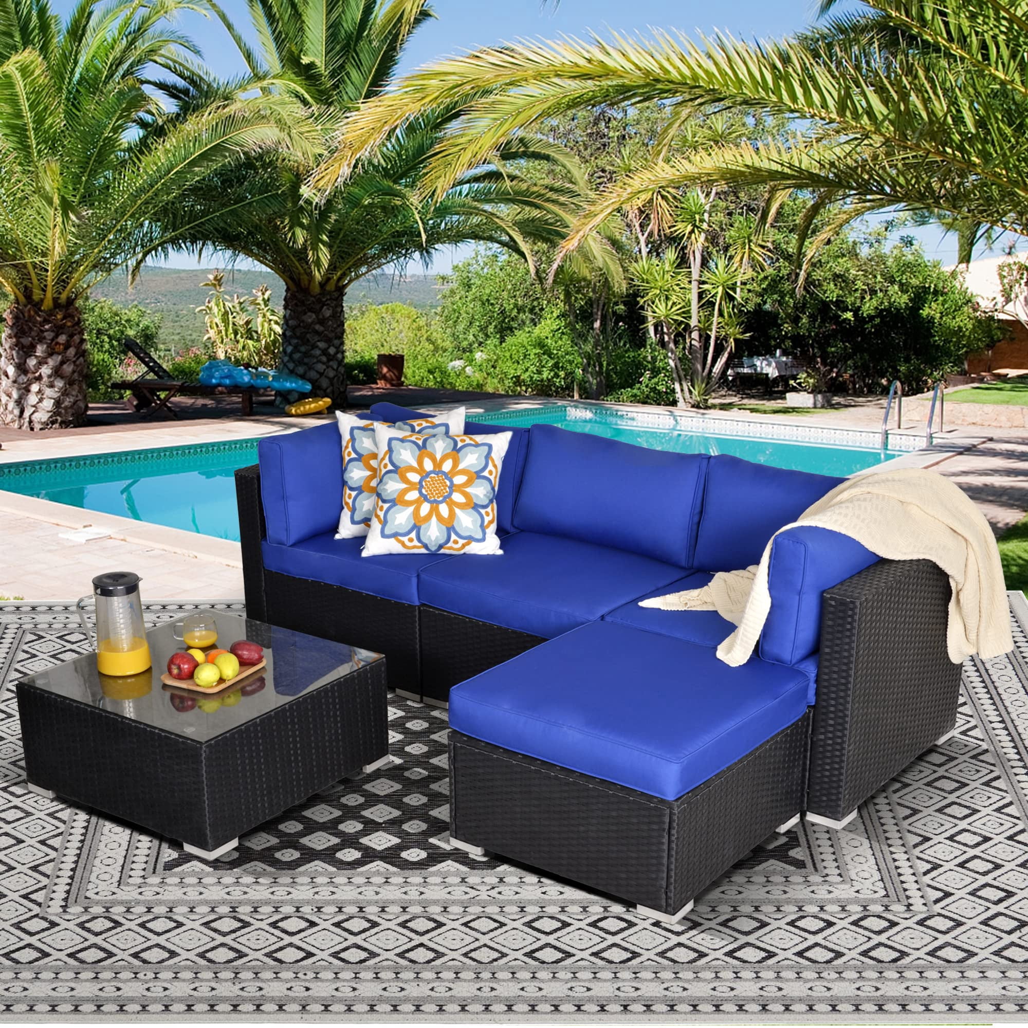 Royalcraft Rattan Patio Sofa Set, 5 Pieces Outdoor Sectional Furniture Set, All-Weather PE Wicker Patio Conversation Set, Outdoor Couch Sofa Set with Glass Table & Dark Blue Cushions