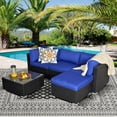 thumbnail image 5 of Royalcraft Rattan Patio Sofa Set, 5 Pieces Outdoor Sectional Furniture Set, All-Weather PE Wicker Patio Conversation Set, Outdoor Couch Sofa Set with Glass Table & Dark Blue Cushions, 5 of 7