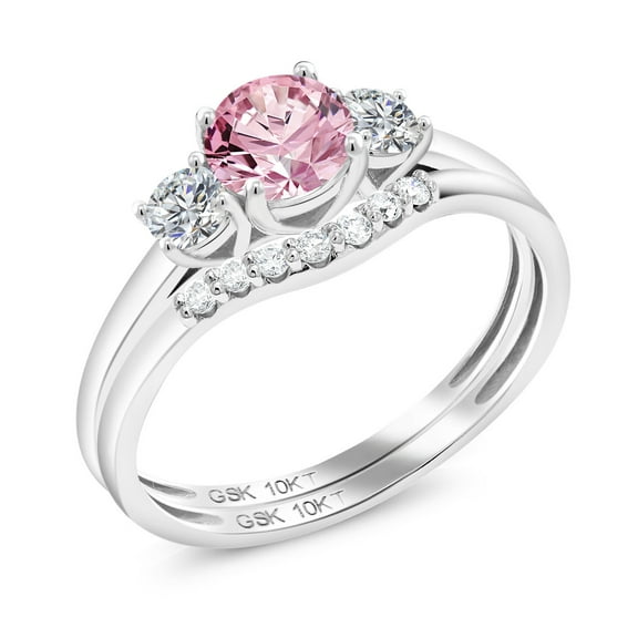 Gem Stone King 10K White Gold Pink and White Lab Grown Diamond Bridal-Sets Ring for Women | 0.76 Cttw | Round 5MM | Gemstone April Birthstone | Size 6