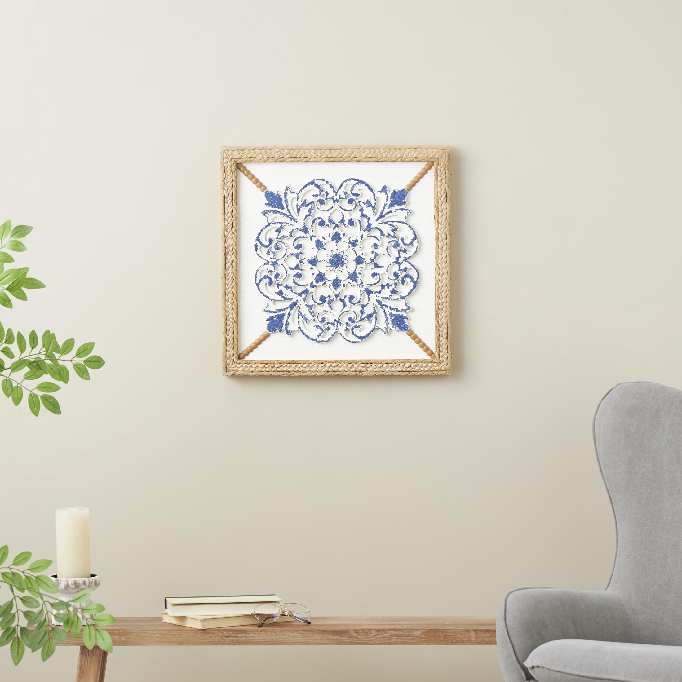 DecMode Blue Wood Relief Floral Wall Decor with Brown Woven Seagrass Frame and White Backing