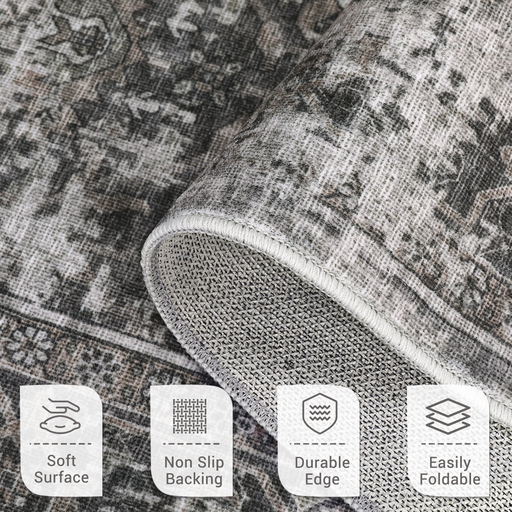FairOnly 5'x7'Oriental Distressed Area Rug Machine Washable Non Slip Vintage Soft Indoor Floor Cover for Living Room Bedroom Office Study Room,Grey