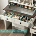 thumbnail image 4 of Blotout 47" Large Farmhouse Vanity Set with Stool and Sliding Mirror Lights, Rustic White Makeup Vanity Desk Set Dressing Table with Glass Tabletop, Power Outlet, Storage Shelves, 4 of 11
