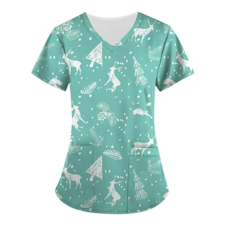 

EHTMSAK Womens Big and Tall Scrubs Christmas Short Sleeve T Shirt V Neck Fall Nurse Tops Printed Working Uniform Blouse Working Tops with Pockets Cyan XL
