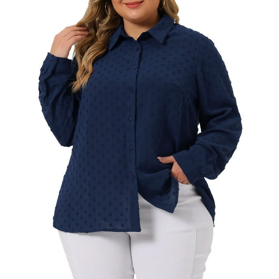 DARING DIVA Women's Plus Swiss Dots Button Down Collar Long Sleeve Tops 1X Navy Blue
