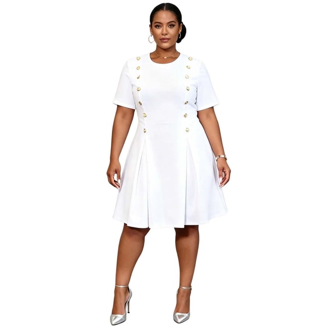 Gupgi Robe pour Femmes Grande Taille Longueur Genou Décontractée Élégante Décorative Boutons Col Ras du Cou Manches Courtes Robe Trapèze pour l'Été