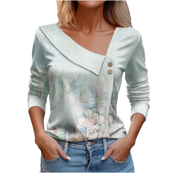 WREESH Womens Fashion Dressy Tops Side Button V-Neck Printed Long Sleeved Shirt T-Shirt Pullover Mint Green