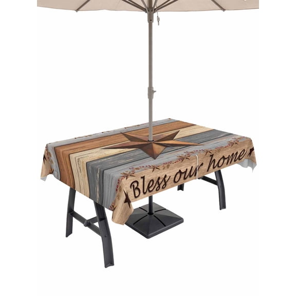 Outdoor Tablecloth with Umbrella Hole, Western Texas Star Vintage Waterproof Outdoor Table Cover, Retro Farmhouse Gray Brown Wooden Patio Tablecloths for Party Picnic Camping, Rectangle 52"x70"