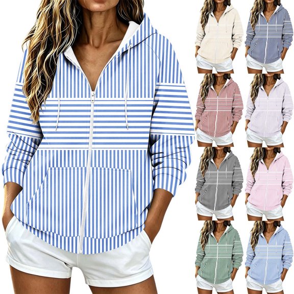 Aimik Plus Size Hoodie Sweatshirt for Women Fashion Striped Zip Up Hoodie with Drawstring Kangaroo Pocket Fall Loose Fit Pullover Top Light Blue S