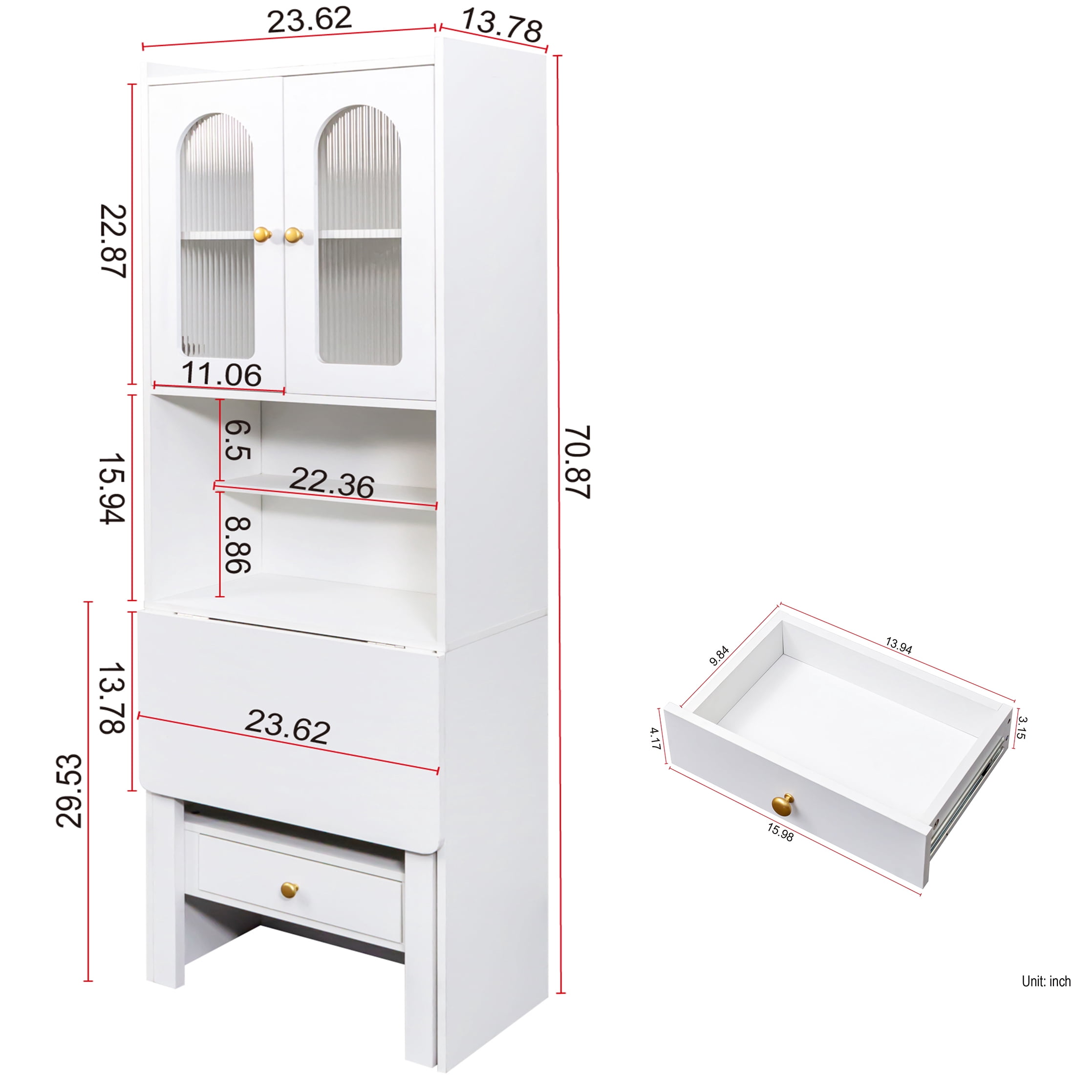 Aukfa 70.8 High Storage Cabinet w/ Fold Down Desk Table for Home Office,White