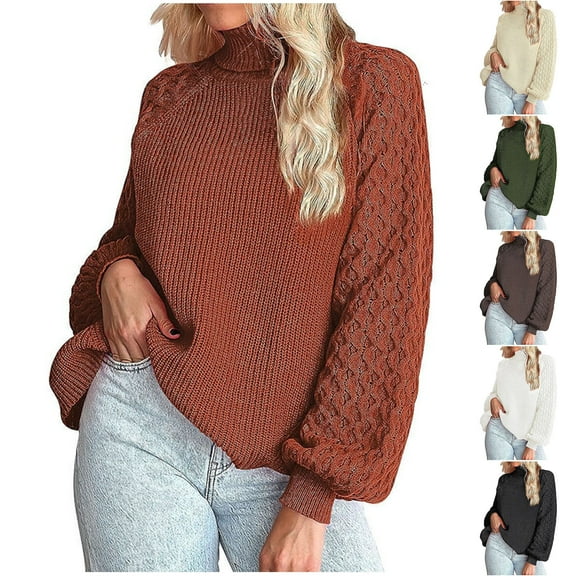 Lovskoo 2024 Sweaters for Women Turtleneck Casual Solid Color Twisted Flower Long Sleeved Knitted Pullover High Neck Sweater Brown
