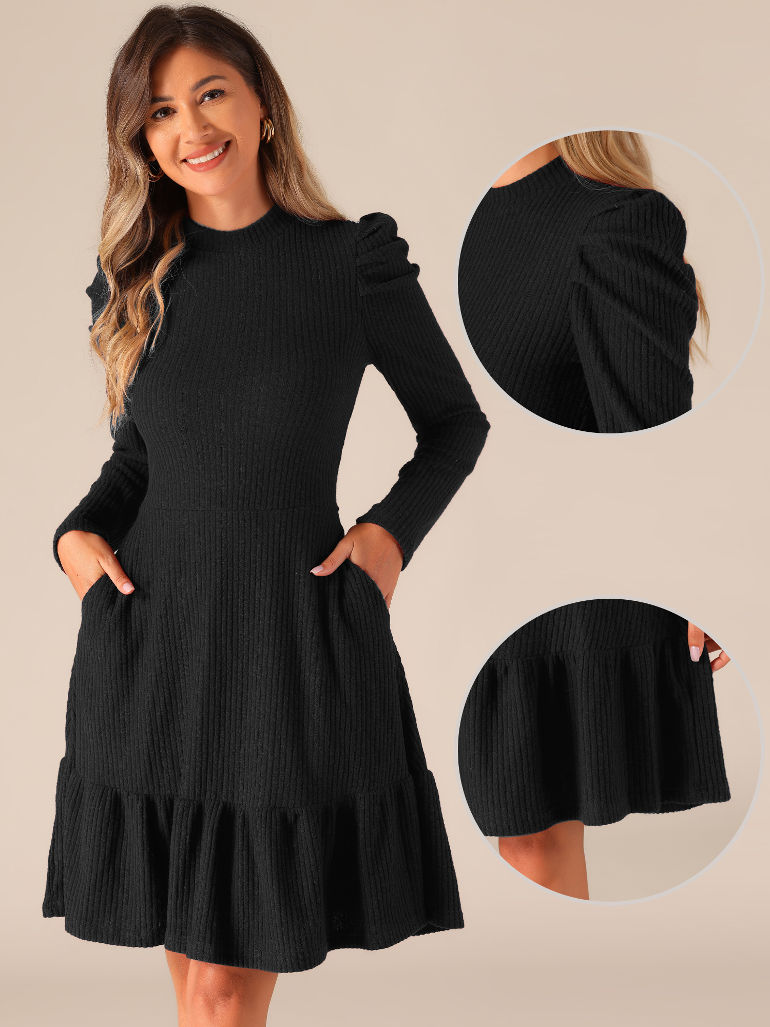 DARING DIVA Stretchy Puff Long Sleeve Ruffle Hem Knit Dress M Black