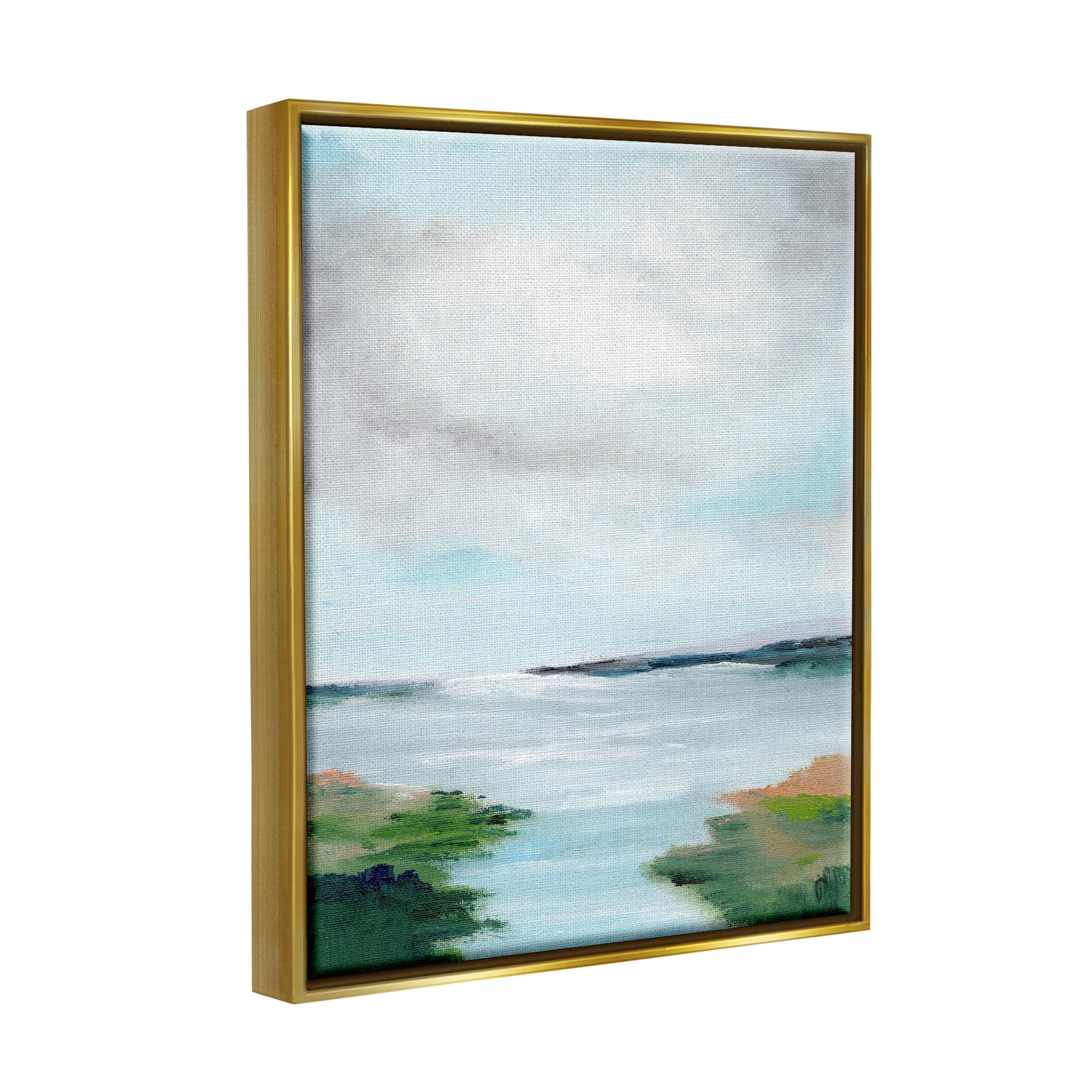 Stupell Industries Calm Cloudy River Lake Scenery Painting Metallic Gold Floating Framed Canvas Print Wall Art, Design by Nikita Jariwala