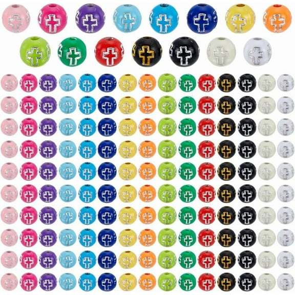 450Pcs 15 Colors Round Cross Beads 8mm(0.31 Inch) Acrylic Crucifix Ball Beads Colorful Cross Craft Beads for DIY Necklace Bracelet Jewelry Making Hole: 2mm