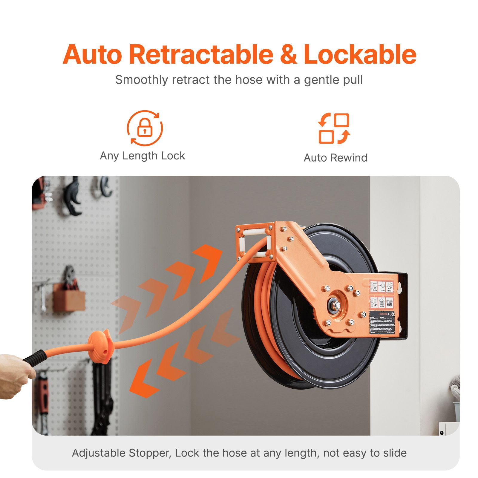 Chateauy Retractable Air Hose Reel, 3/8" x 50FT Rubber Hose 300PSI, 5FT Lead-in 180° Swivel Bracket Single Arm Reel