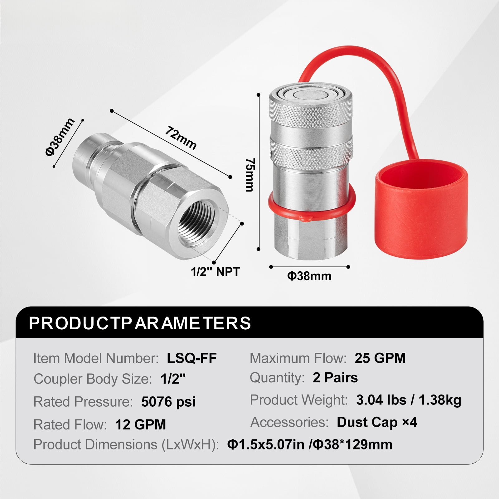 KFFKFF 1/2" Flat Face Hydraulic Quick-Disconnect Coupling Set, 1/2" NPT Interface for Skid Steers, Includes 4 Protective Dust Caps, Compliant with ISO16028 Standards