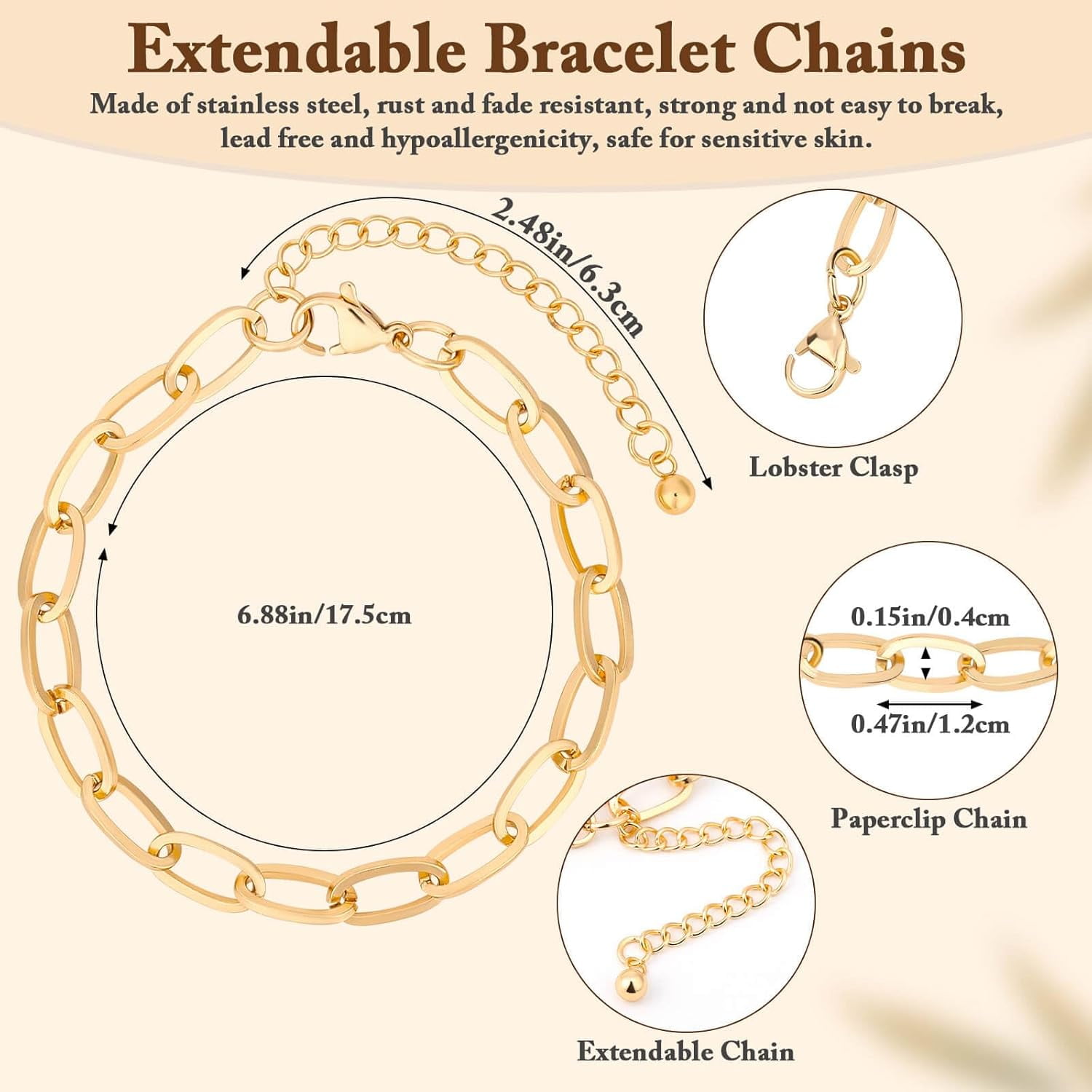 416 Pieces Gold Charm Bracelet Making Kit, Including Paperclip Chain Bracelets, Charms, Jump Rings for Jewelry Making