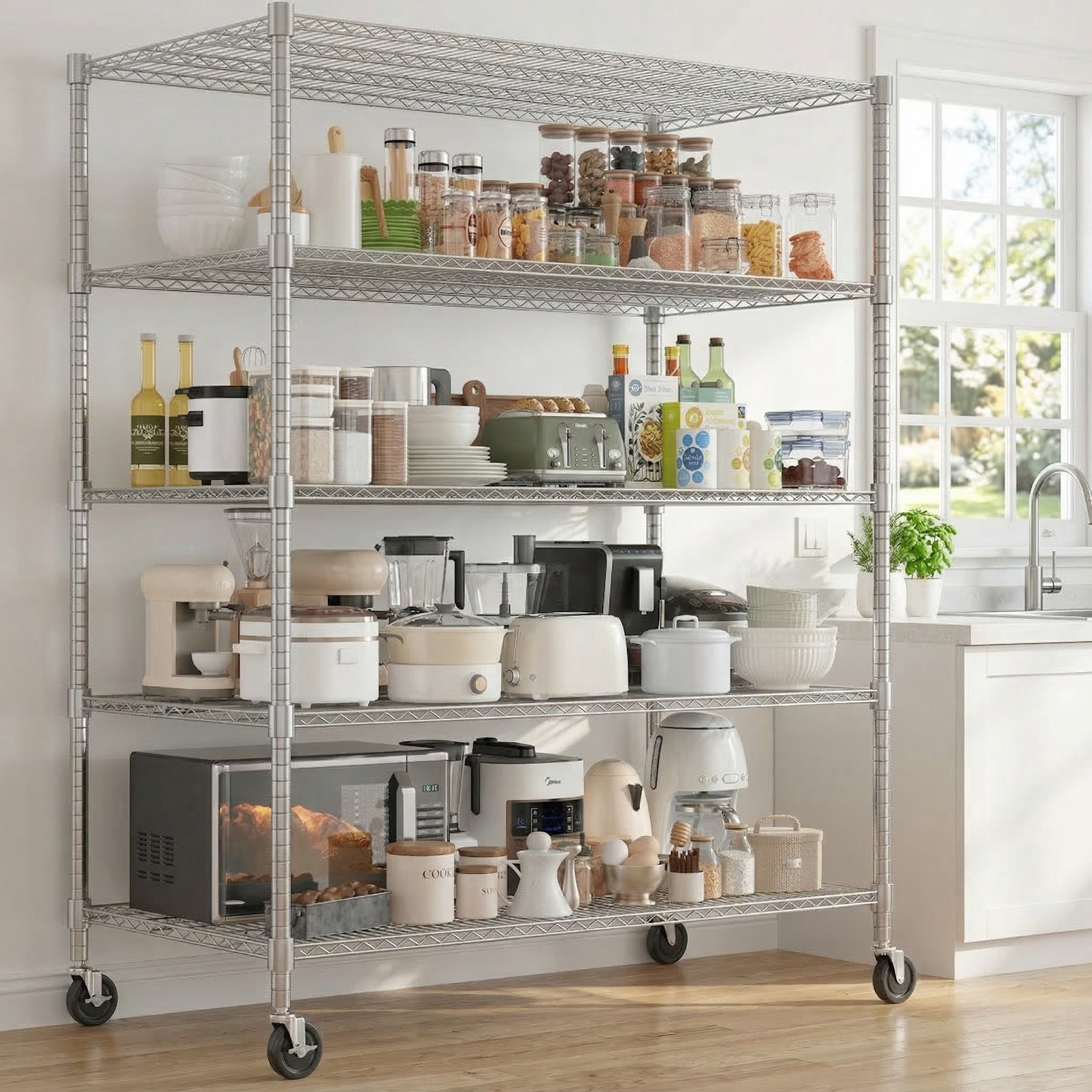 Legooin 24x48x82 inch Heavy Duty Storage Shelf on Wheels Adjustable Metal Shelving Unit Organizer Rack for Residential and Industrial Use, Silver