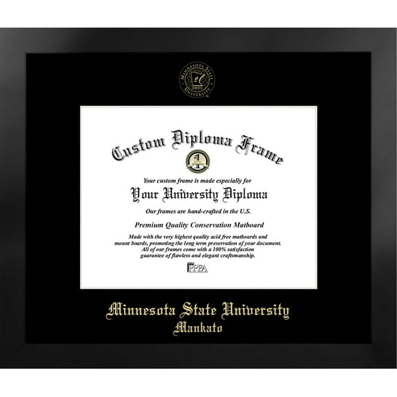 Minnesota State University, Mankato 11w x 8.5h Manhattan Black Single Mat Gold Embossed Diploma Frame with Bonus Campus Images Lithograph (value savings at $59)