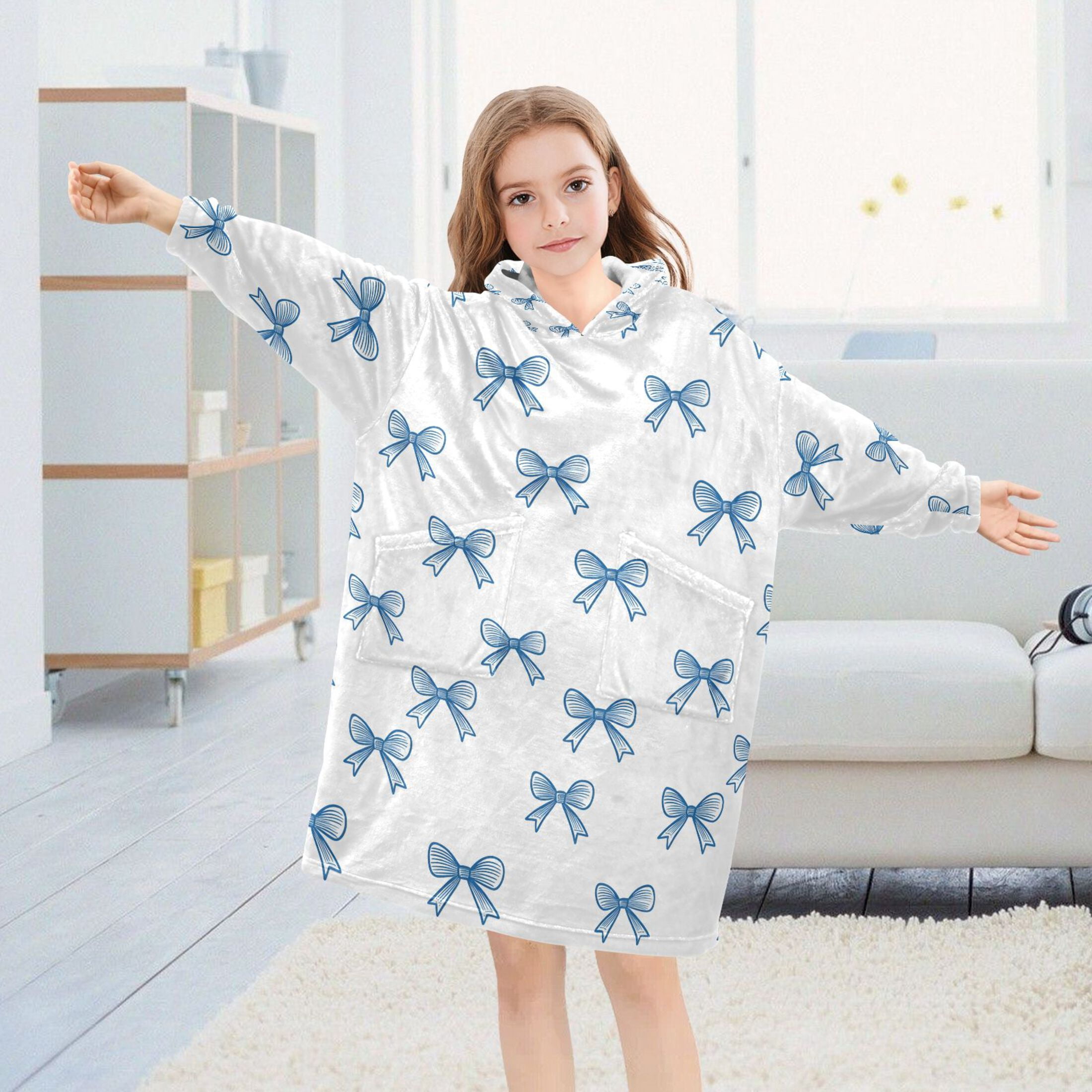 joogoo Wearable Blanket Hoodie for Bows Blue Flannel Sherpa Pocket 3-14 YR S
