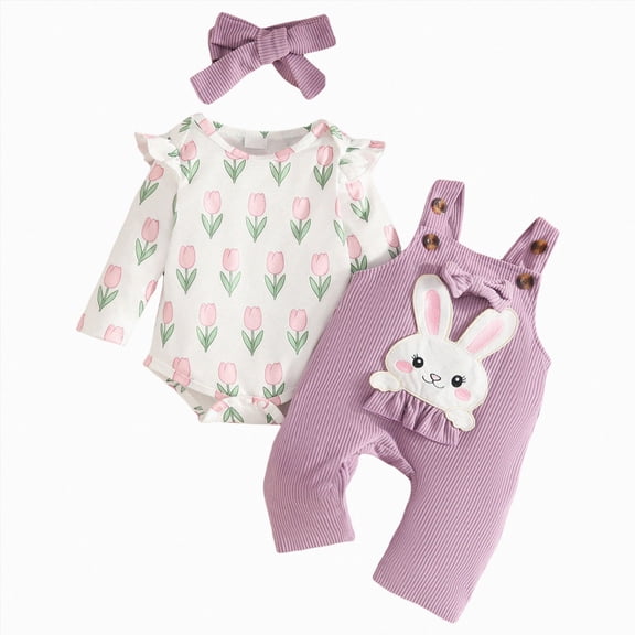 masbird Infant Baby Girl Fall Winter Outfit Long Sleeve Romper Bow Print Pants Headband Set 3pcs Newborn Girl Outfits,Purple,12-18 M