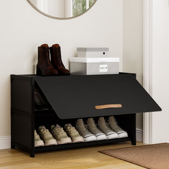 BGTREND 3 Tier Shoe Rack with Covers Shoe Storage Organizer Holds 12 Pairs for Closet Entryway Hallway, Black