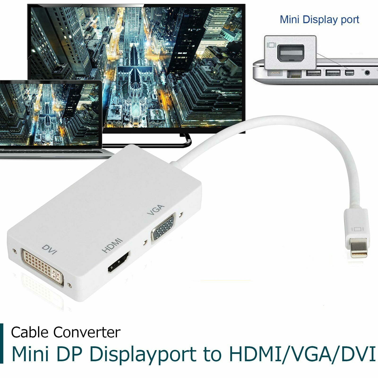 3 In 1 Mini Display Port DP Thunderbolt to DVI VGA HDMI Adapter Cable For PC 