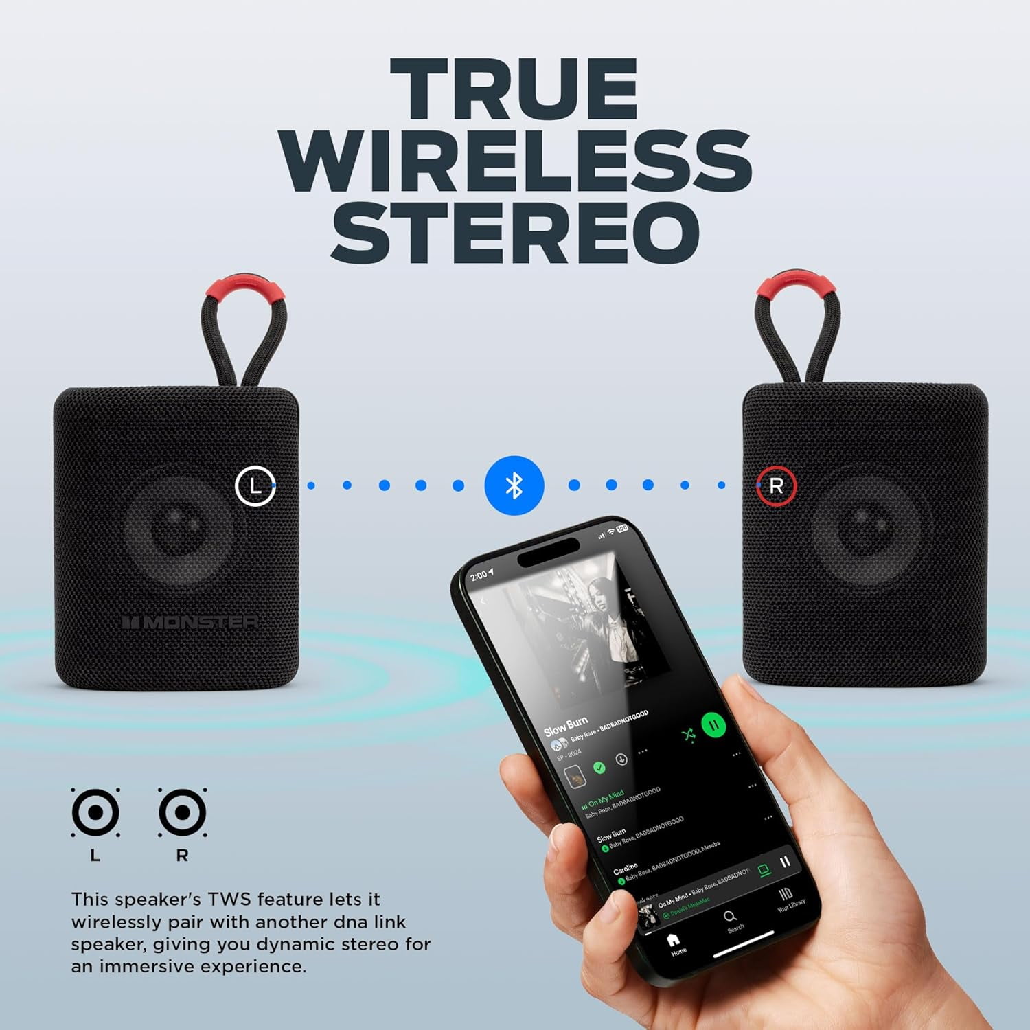 Monster DNA Link Portable Bluetooth Speaker, IPX5 Water-Resistant, 12-Hour Playtime, Stereo Pairing, Built-In Speakerphone for Outdoor