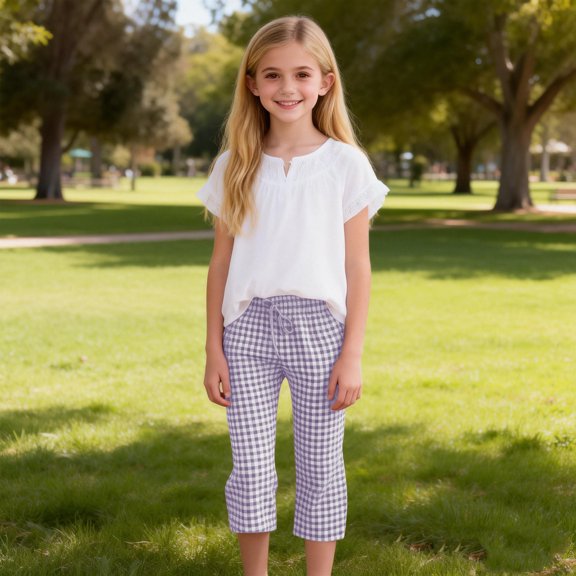 lnmuld Girls Classic Small Check Plaid Cropped Pants Allover Gingham Full Elasticated Waist Drawstring Breathable Casual Capri Trousers Size:11-12 Years