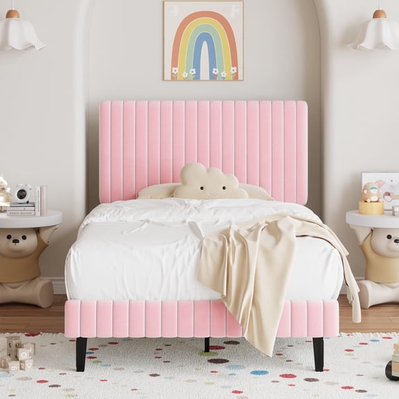 4 Ever Winner Twin Upholstered Platform Bed Frame with Vertical Channel Tufted Headboard, Pink