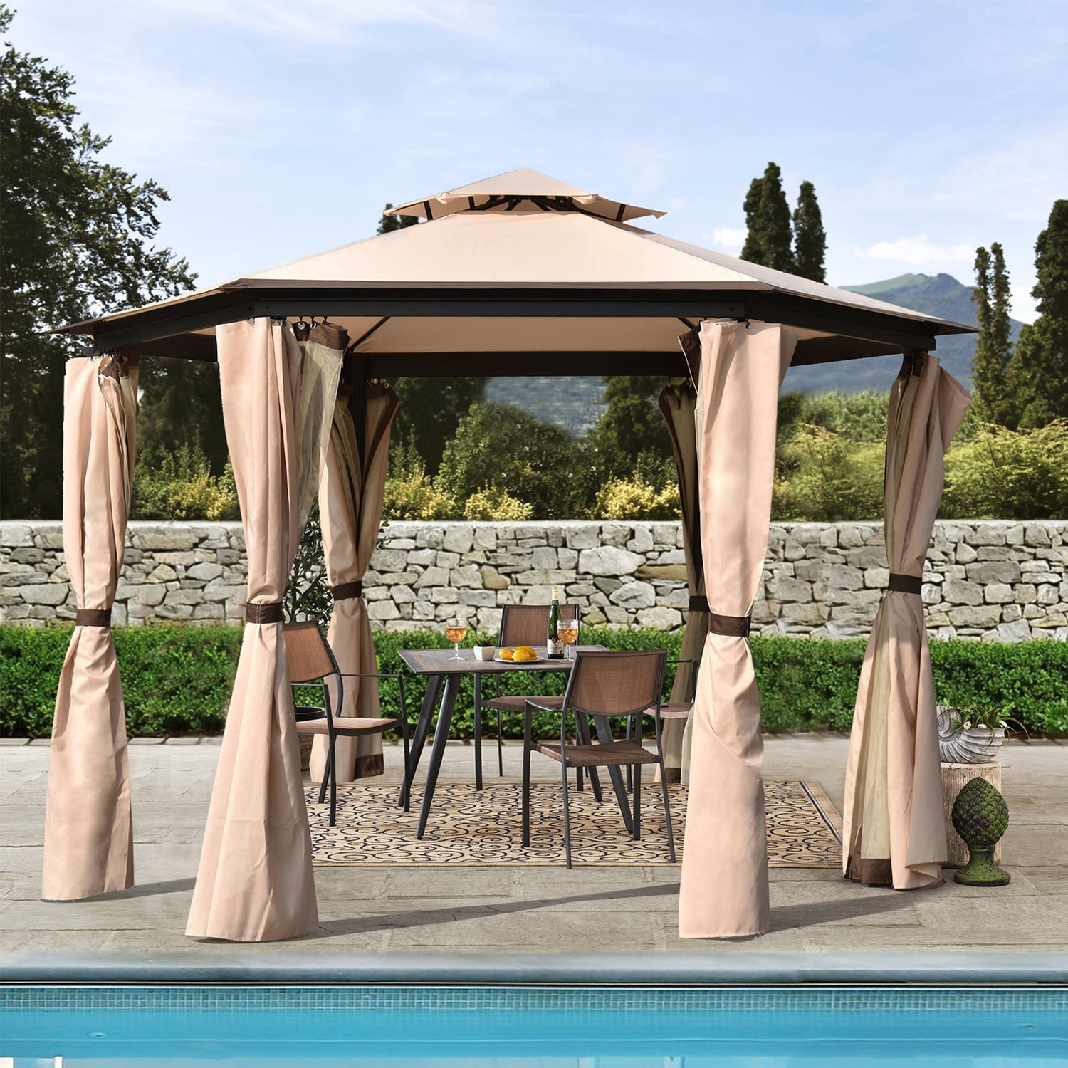 Kadyn Patio Outdoor Gazebo, Double Roof Soft Canopy Gazebo with Mosquito Netting Suitable, Polyester Gazebo for Lawn and Garden, khaki Kadyn Patio Outdoor Gazebo, Double Roof Soft Canopy Gazebo with Mosquito Netting Suitable, Polyester Gazebo for Lawn and Garden, khaki