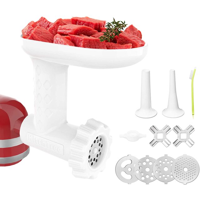 Accesorio de molino de alimentos para batidoras de pie KitchenAid incluye 2 tubos rellenos de salchichas, 4 discos de molienda