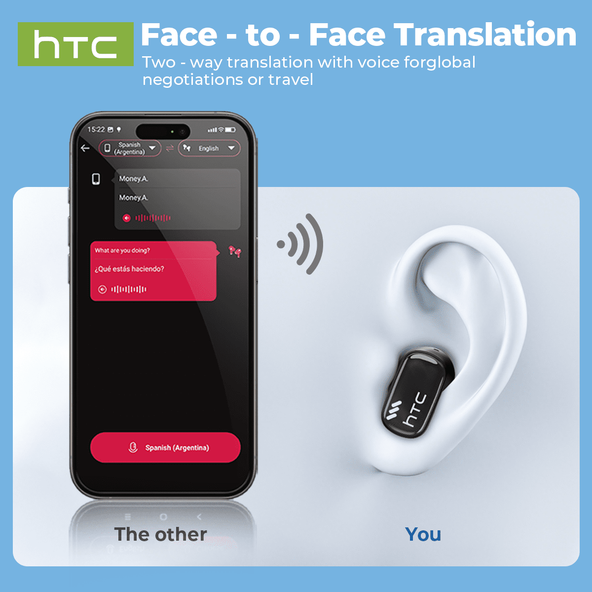 HTC NE16 Wireless Translation Earbuds Real Time for 134 Languages Translator Headphones with APP Noise Cancelling